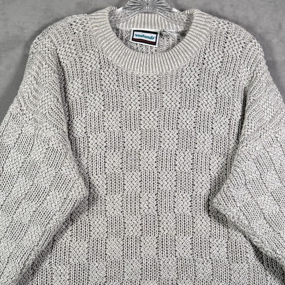 VTG Weekends Mens Sweater L Gray 3D Tonal Check Oversized Chunky Grandpacore Y2K